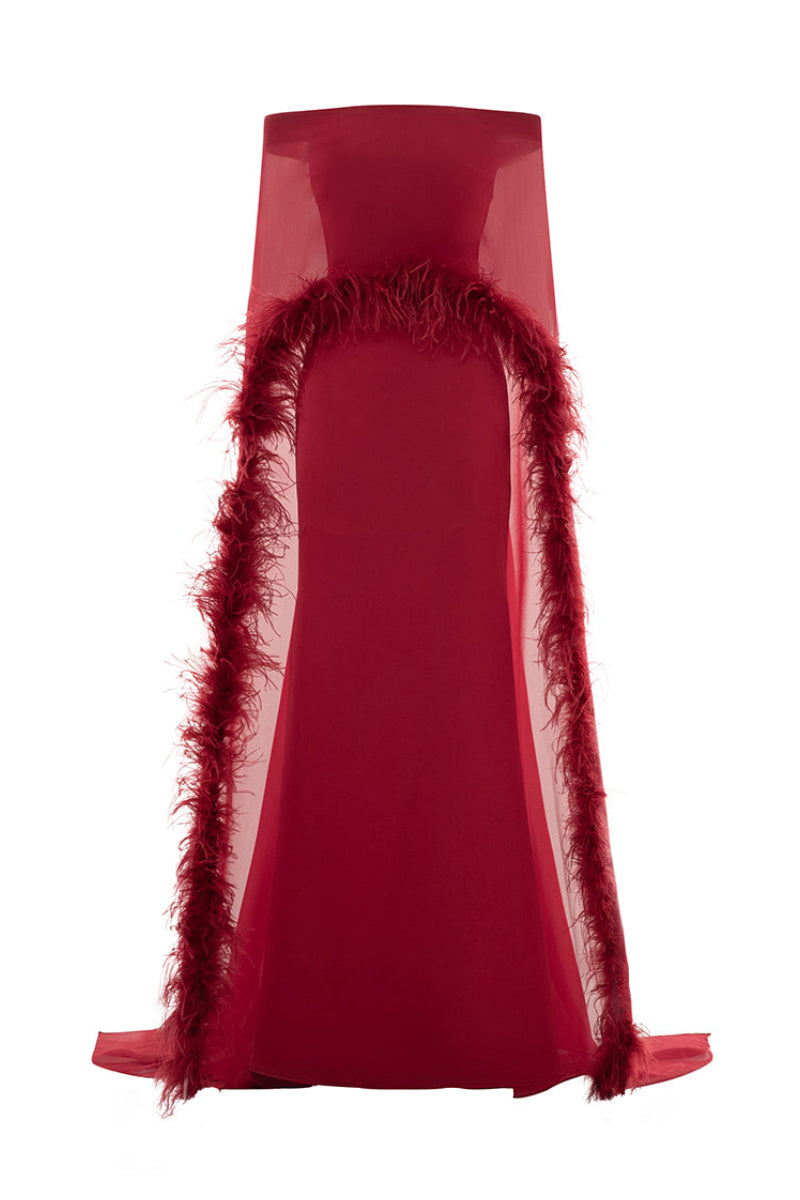 Red Valenciani ostrich feather trim cape dress, elegant gown with feathered accents, perfect for formal occasions.
