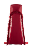 Red Valenciani gown with ostrich feather trim cape, elegant evening dress with flowing fabric and luxurious feather accents.