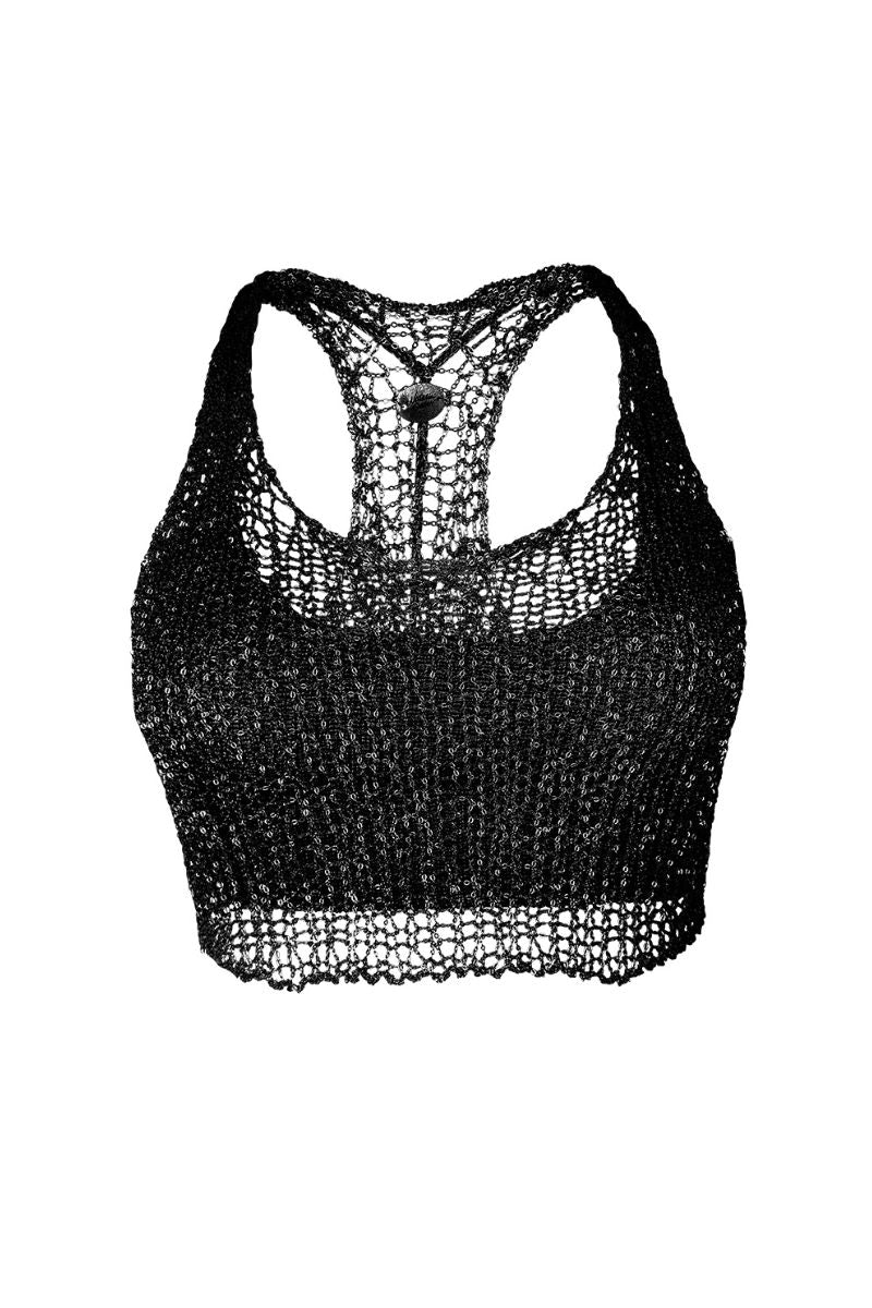 Black chain racerback top with matching bralette by Natalia Fedner, featuring a sleek, modern design and chain detailing.