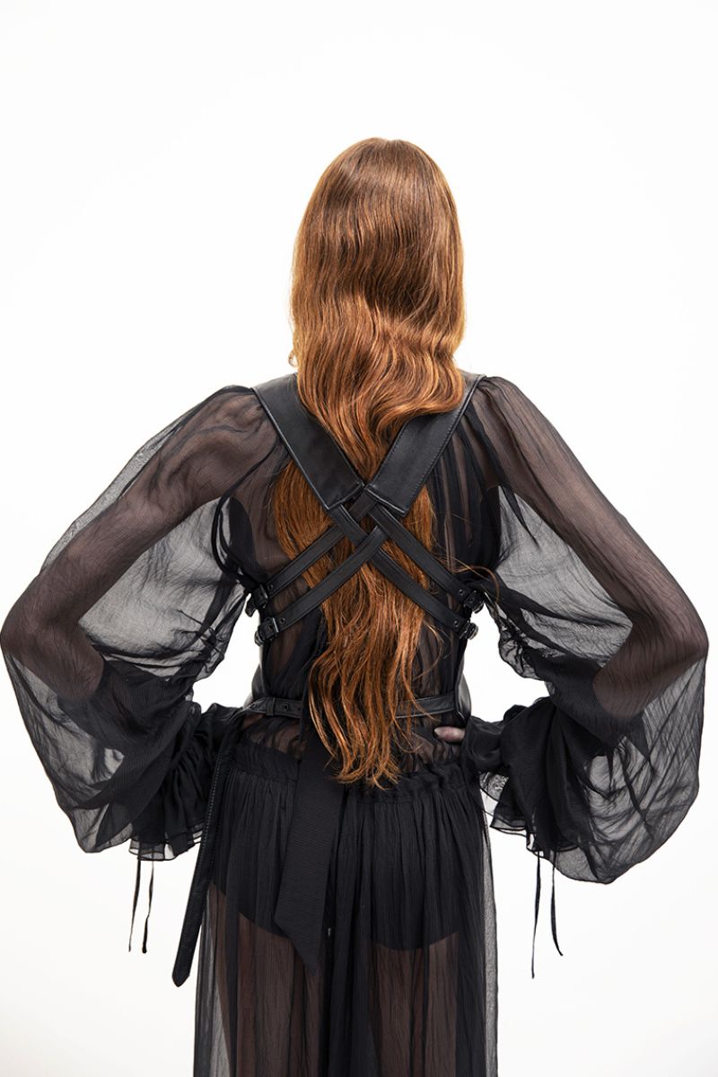 Black leather vest with belt from Vaska, stylish jacket featuring a front buckle and sleek design.