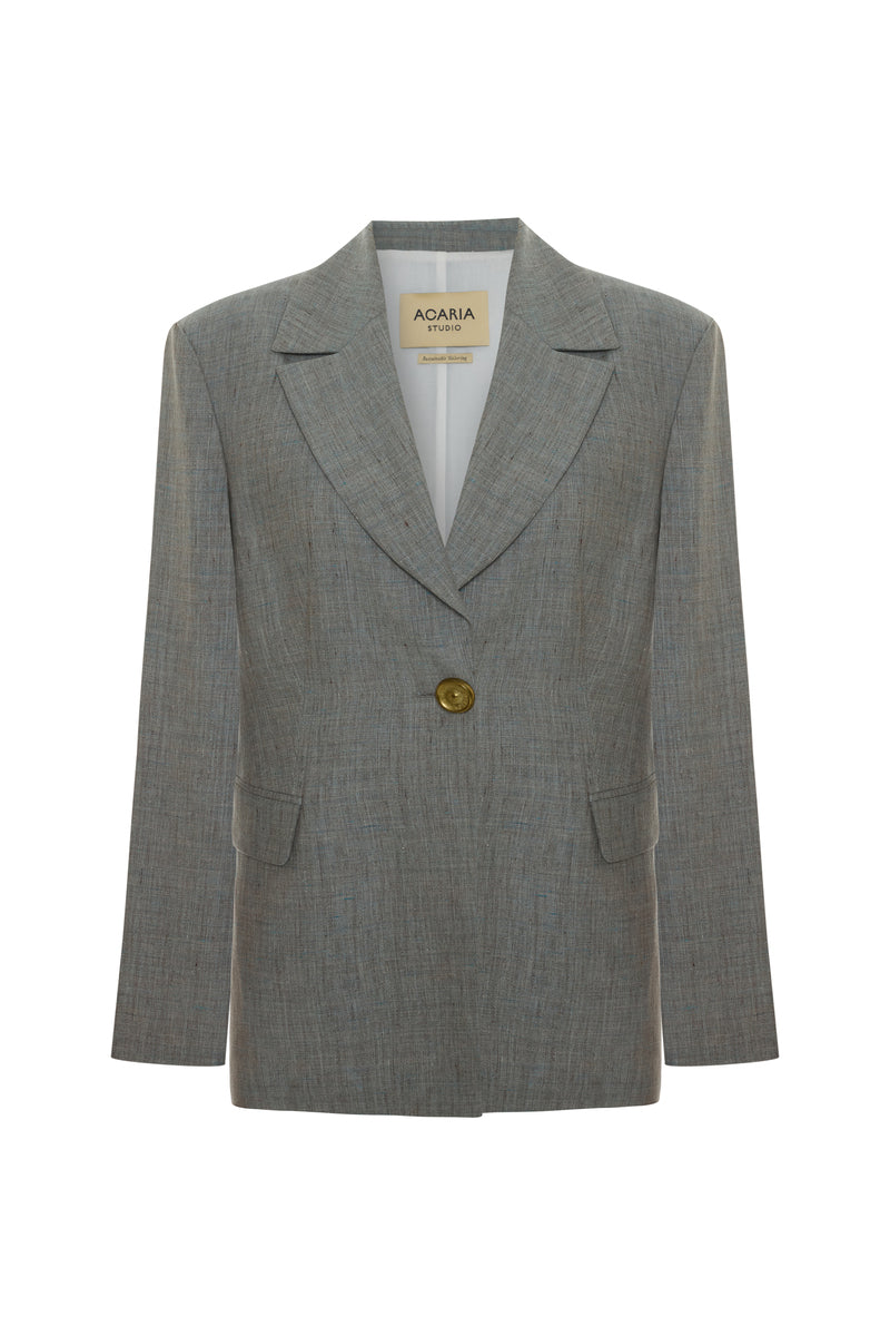 Green melange linen blazer from Acaria Studio's L'Ocean collection, featuring tailored fit and stylish lapel details.