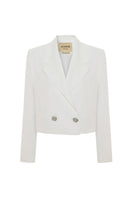 White Ancient Crop Blazer by Acaria Studio, stylish jacket with tailored fit and modern design, displayed on a hanger.