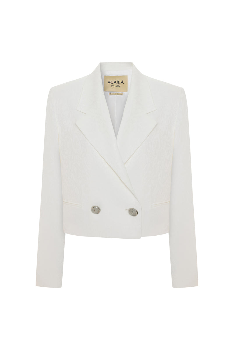 White Ancient Crop Blazer by Acaria Studio, stylish jacket with tailored fit and modern design, displayed on a hanger.