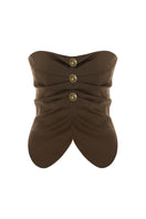 Acaria Studio brown GURU top with long sleeves and a relaxed fit, displayed on a hanger against a neutral background.