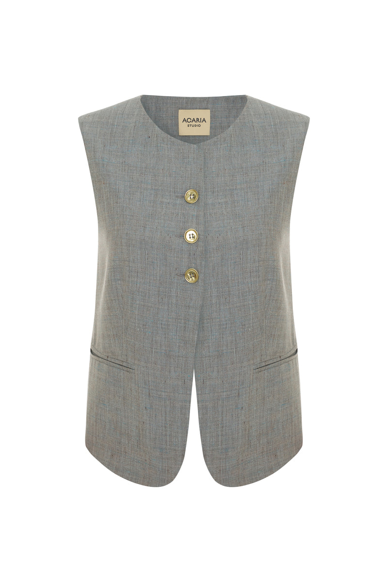 Green melange linen vest by Acaria Studio featuring a fitted design and lightweight fabric for a casual, stylish look.