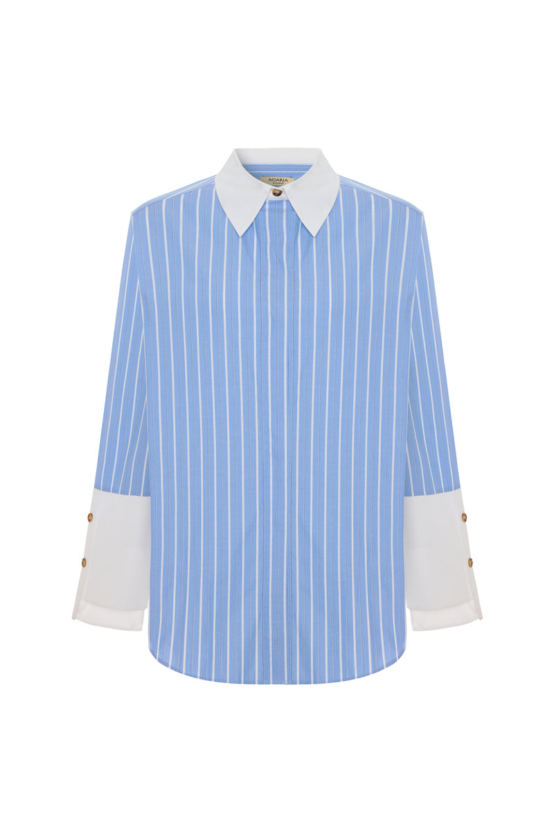 Blue Soulmate shirt by Acaria Studio, featuring a stylish design and comfortable fit, displayed on a hanger.