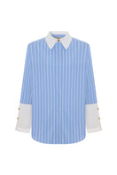 Blue SOULMATE shirt by Acaria Studio displayed on a hanger, showcasing its fabric and stylish design.