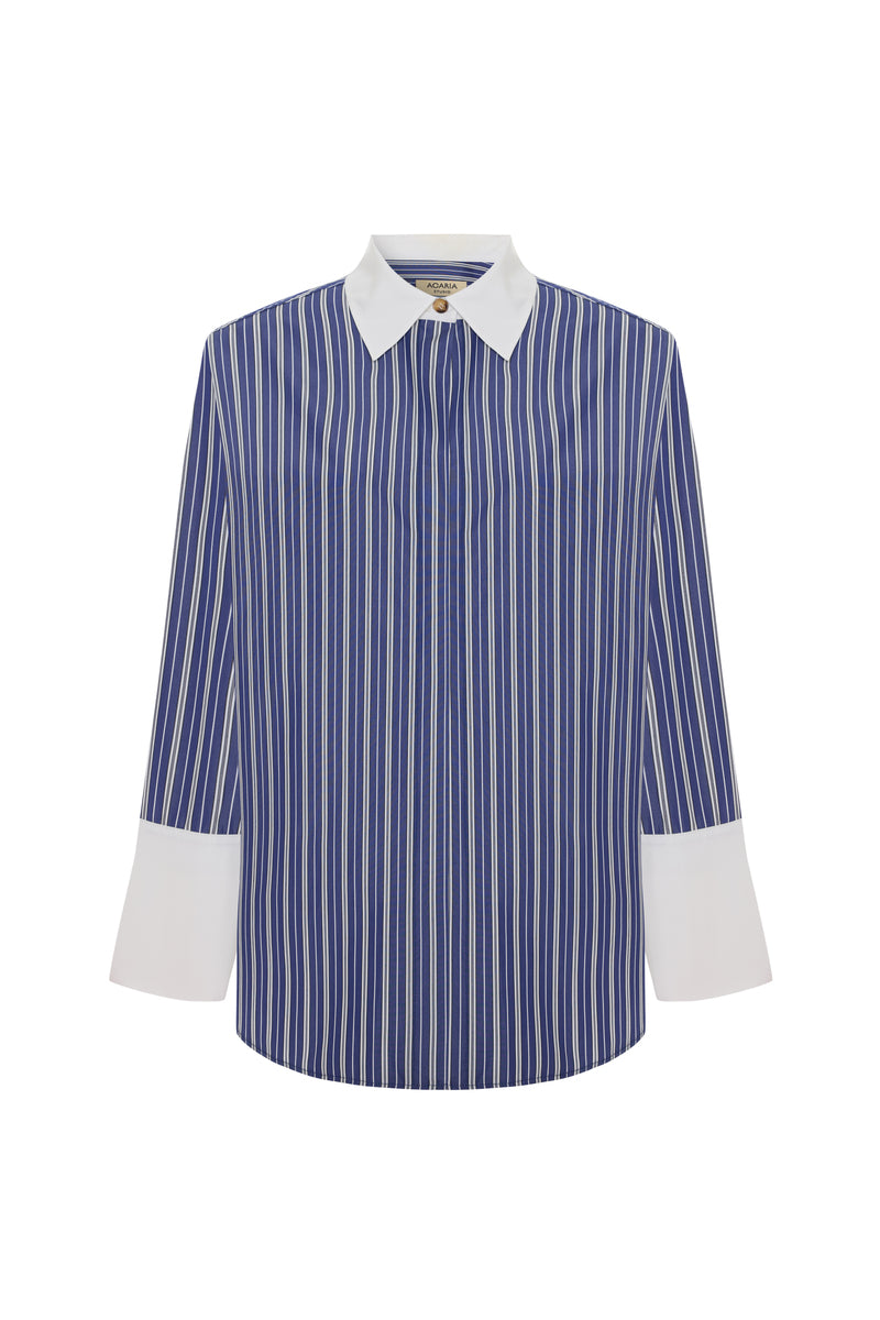 Acaria Studio navy and white ICONIC NY shirt showing a collared design with button closures and a stylish fit.
