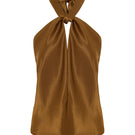 Copper satin top by Acaria Studio featuring a sleek design, shown on a model with a fitted silhouette and elegant style.