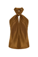 Copper satin top by Acaria Studio featuring a sleek design, shown on a model with a fitted silhouette and elegant style.