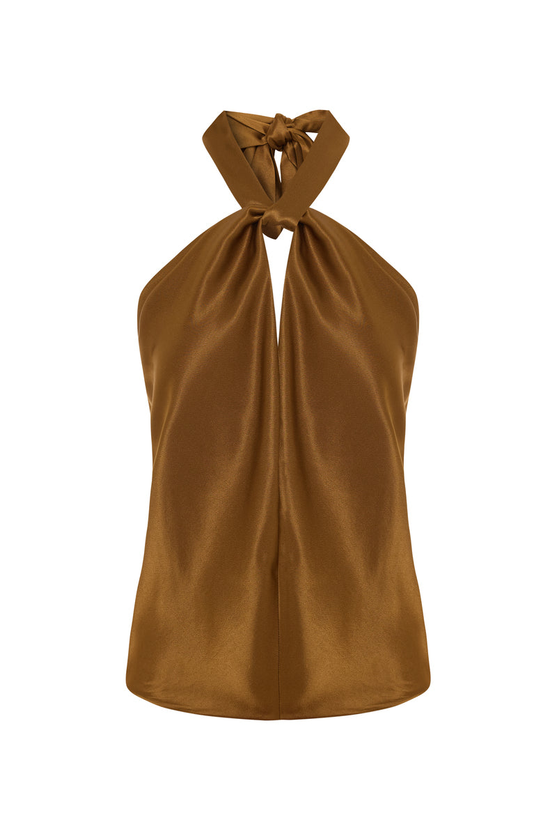 Copper satin top by Acaria Studio featuring a sleek design, shown on a model with a fitted silhouette and elegant style.