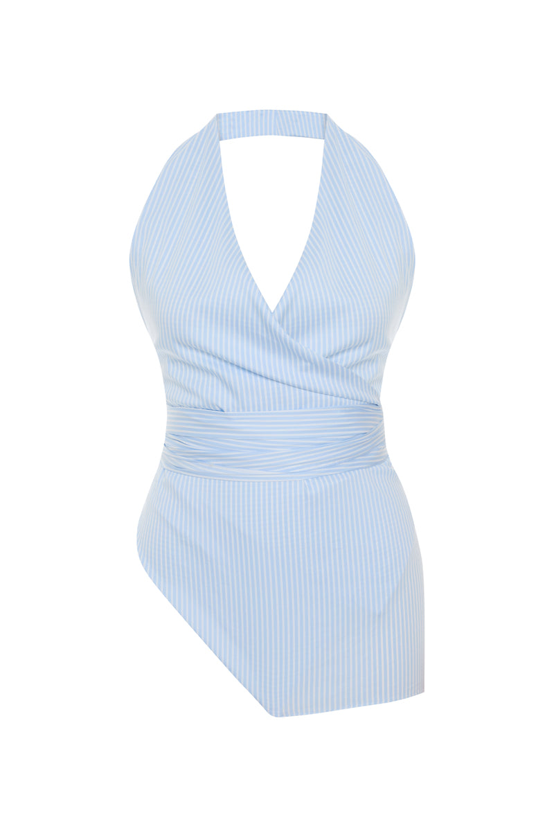 Blue and white harem top from Acaria Studio featuring loose fit and stylish draped design.