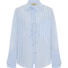 Blue striped Sicilia linen shirt by Acaria Studio, shown with its lightweight, breathable fabric and classic collar design.