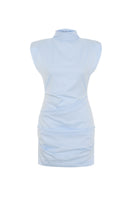 Blue Dragon print poplin mini dress by Acaria Studio with a fitted bodice and flared skirt, displayed on a hanger.