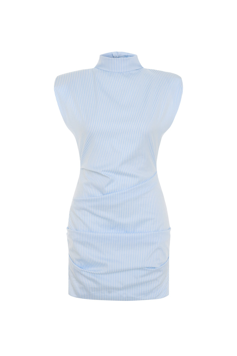Blue Dragon print poplin mini dress by Acaria Studio with a fitted bodice and flared skirt, displayed on a hanger.