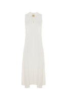 White Acaria Studio La Plage maxi dress with flowing fabric and sleeveless design, perfect for summer beachwear.