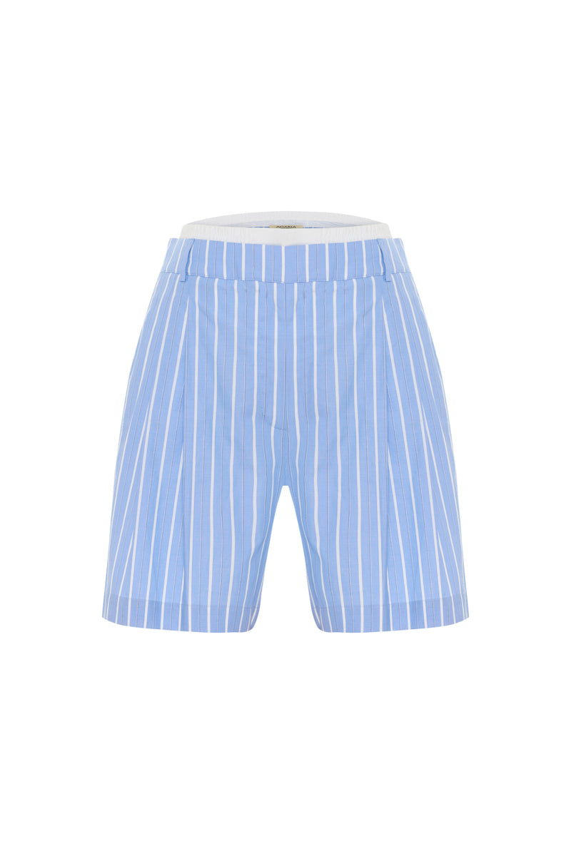 Blue striped Acaria Studio Soulmate Twill Shorts with a relaxed fit, displayed on a neutral background.