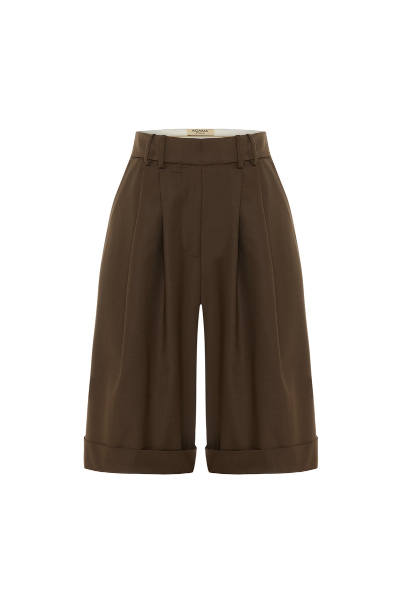 Brown Acaria Studio Guru Tailored Shorts displayed on a model, showcasing a stylish and comfortable fit.