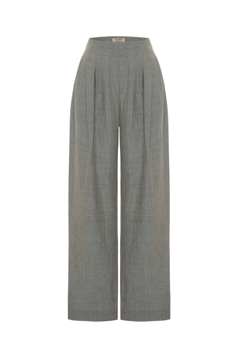 Green melange linen pants by Acaria Studio, featuring a relaxed fit and stylish design, perfect for casual or summer wear.