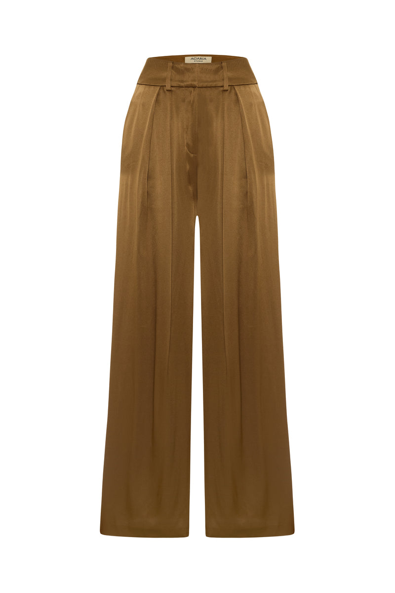 Acaria Studio Jill satin pants in copper color, featuring a sleek, smooth fabric with a relaxed fit and stylish waistband.