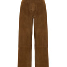 Brown suede pants by Acaria Studio featuring a relaxed fit and stylish design, showcased on a model.
