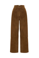 Brown suede pants by Acaria Studio featuring a relaxed fit and stylish design, showcased on a model.