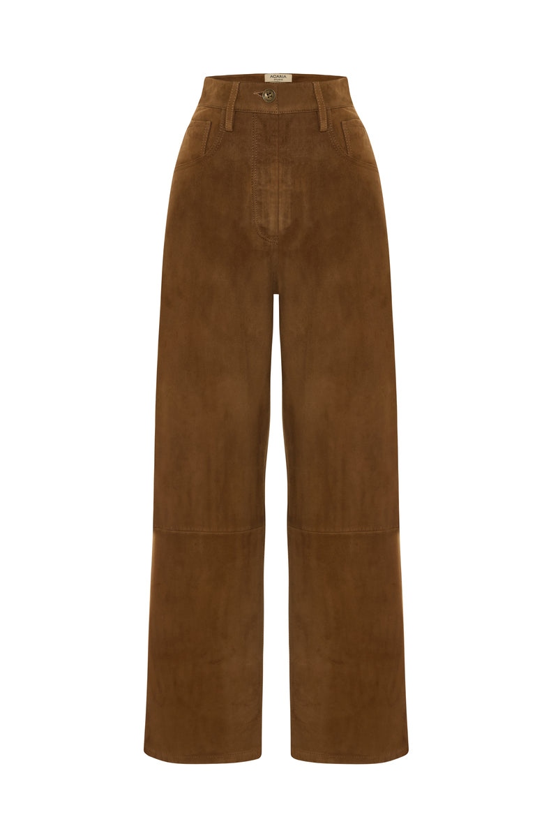 Brown suede pants by Acaria Studio featuring a relaxed fit and stylish design, showcased on a model.