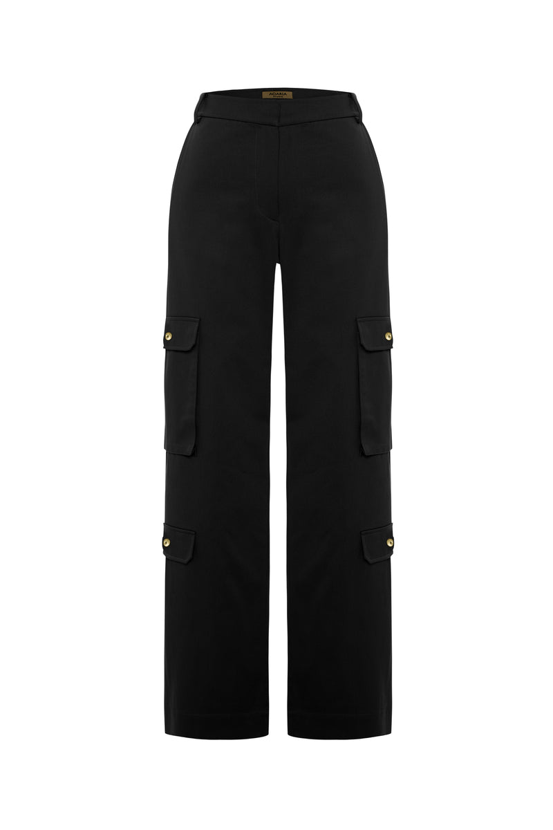 Black Warrior wide pants by Acaria Studio featuring a relaxed fit and stylish design, shown on a model.