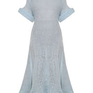 Sky blue draped midi dress by Lalo, flowing maxi dress with elegant fabric folds and a relaxed fit, shown on a model.