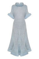 Sky blue draped midi dress by Lalo, flowing maxi dress with elegant fabric folds and a relaxed fit, shown on a model.