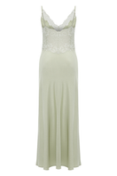 Bocan Couture Caroline long rayon nightgown with light green lace accents, flowing fabric and delicate detailing.