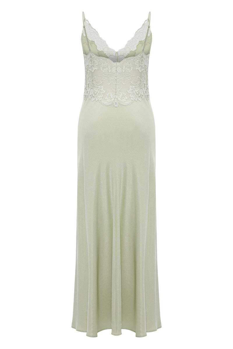 Bocan Couture Caroline long rayon nightgown with light green lace accents, flowing fabric and delicate detailing.