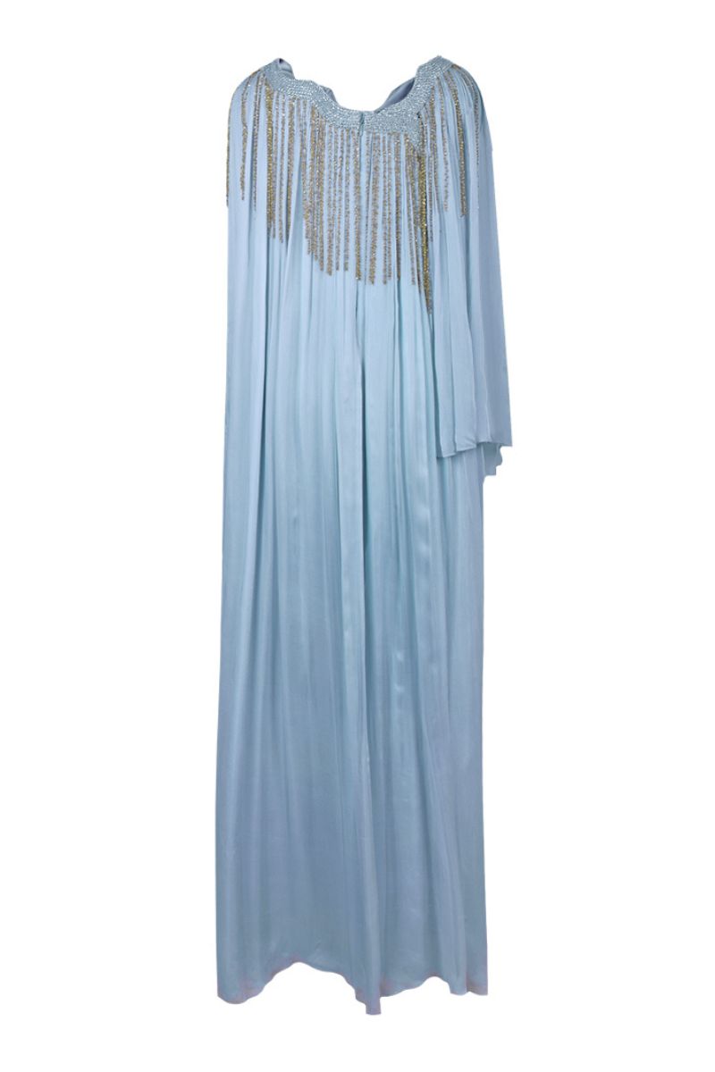Powder blue AKHL angular gathered kaftan maxi dress with flowing fabric and elegant design, perfect for stylish casual wear.