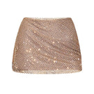 Gold mesh mini skirt by CEM featuring a fitted design and stylish shimmering fabric, perfect for trendy fashion looks.
