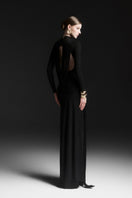 Black Miréa high neck floor-length gown by Maison Des Copains, elegant evening dress shown on a model.