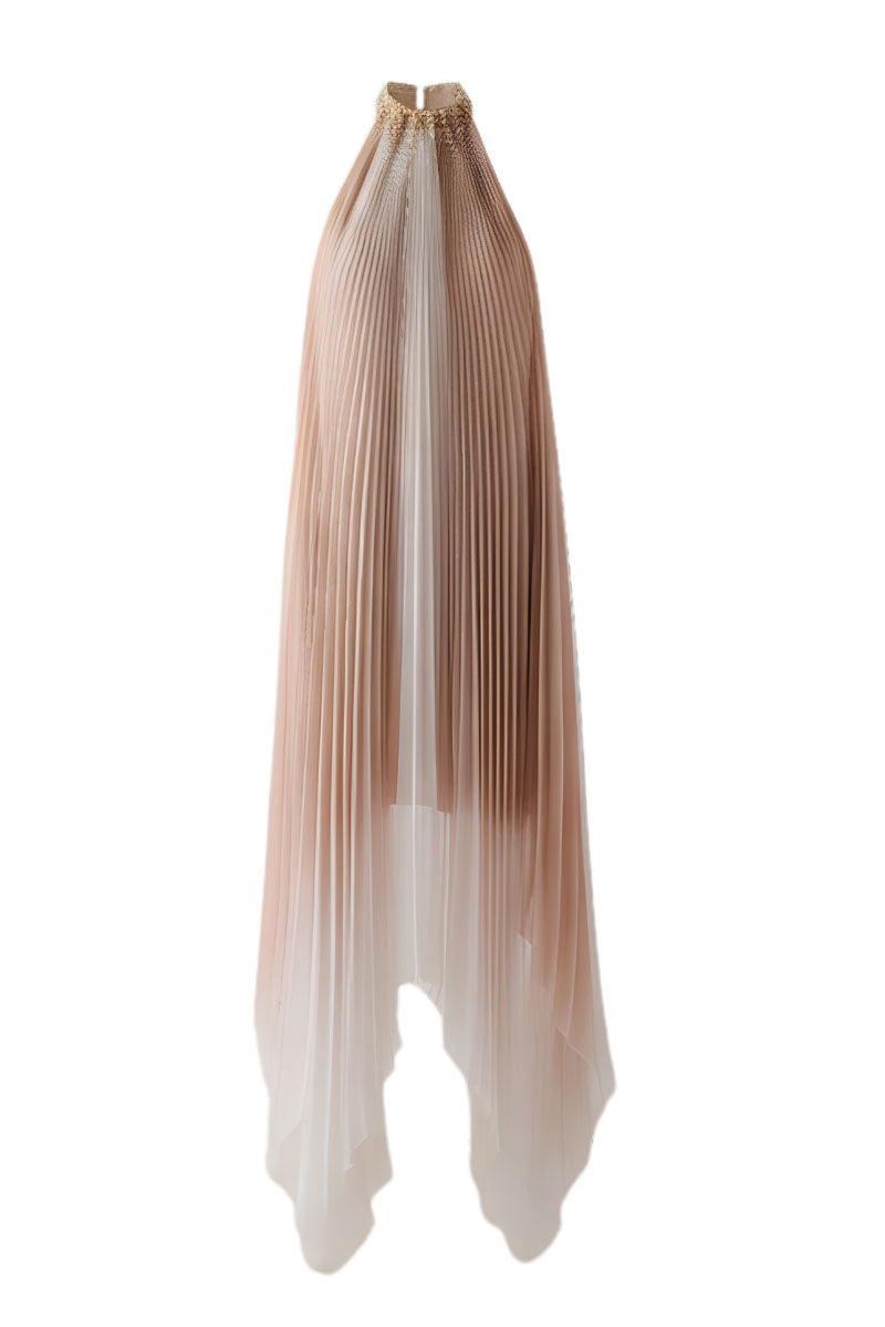 Peach pleated halter neck chiffon midi dress by DOC BAN, featuring a flowing silhouette and elegant design.