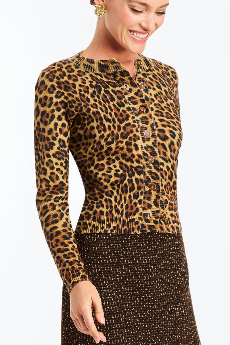 Mestiza New York Isabel leopard brown cardigan with long sleeves and button front, cozy and stylish for casual wear.