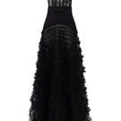 Black lace and tulle gown by 21Six featuring a mixed lace design and flowing silhouette.