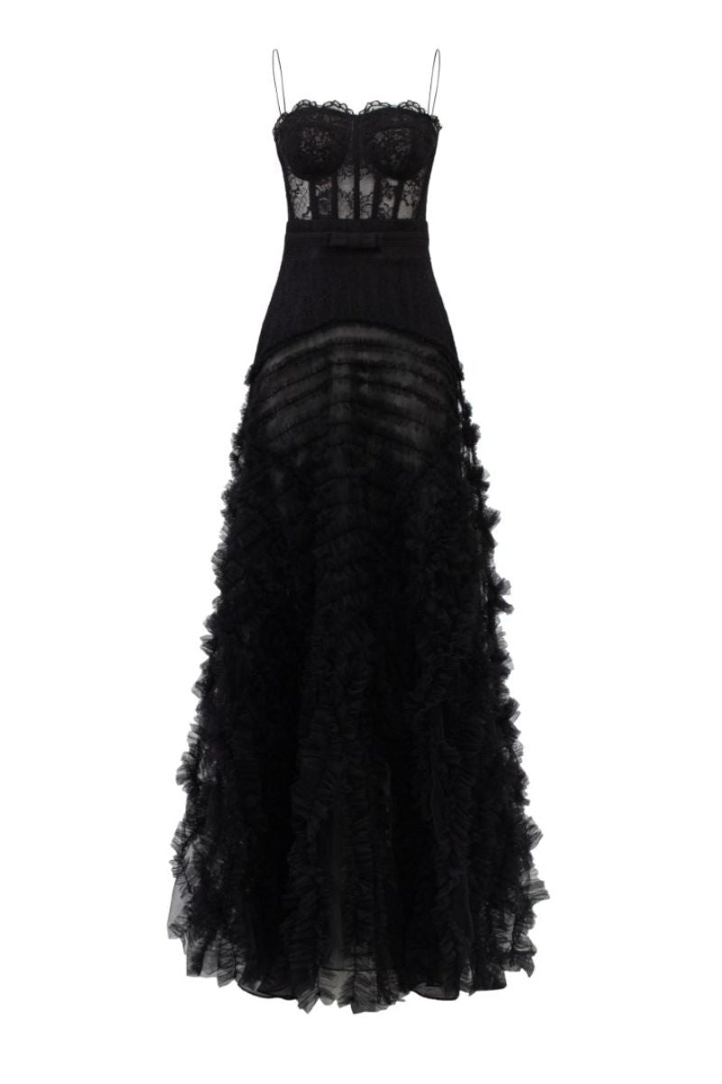 RAANANA BLACK LACE MIXED TULLE GOWN - CULT MIA