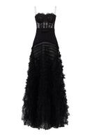Black lace and tulle gown by 21Six featuring a mixed lace design and flowing silhouette.