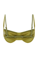 Bright lime green bikini top by Suncillo featuring sparkly fabric and adjustable straps, shown on a flat lay.