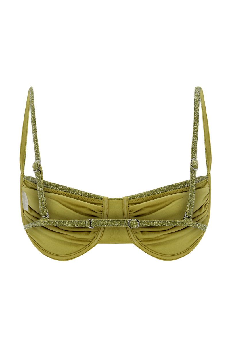 Bright lime green bikini top by Suncillo featuring sparkly fabric and adjustable straps, shown on a flat lay.