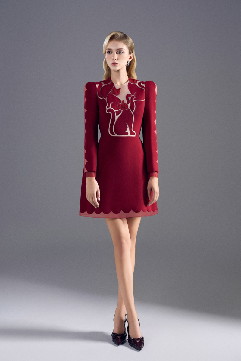 LONG SLEEVE POLY-WOOL MINI DRESS IN RED