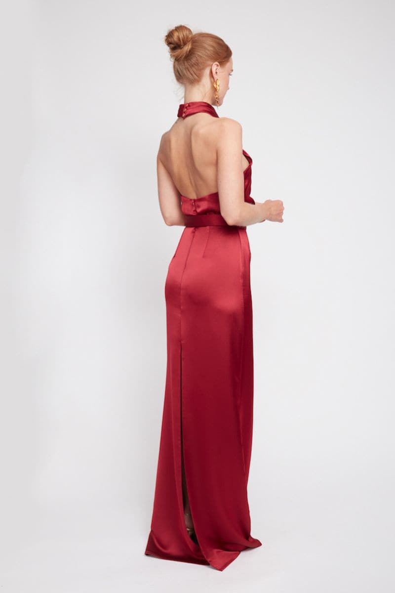 ALIUR DEEP RED HALTER NECK EVENING DRESS - CULT MIA