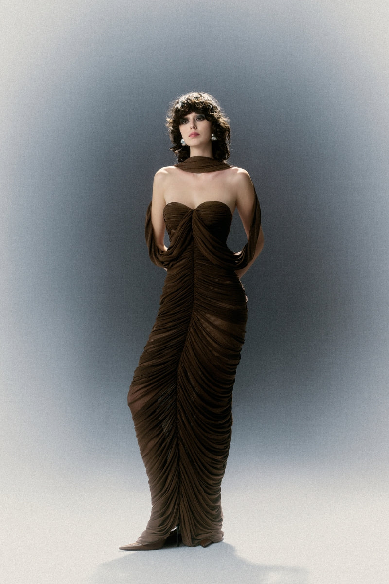 Brown Sedley gown by White Plan featuring elegant fabric and a flowing silhouette, perfect for formal occasions.