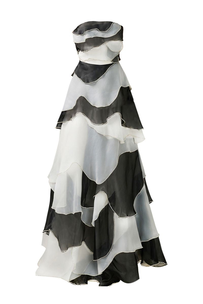 STRAPLESS BLACK AND GRAY FLOOR LENGTH DRESS - CULT MIA
