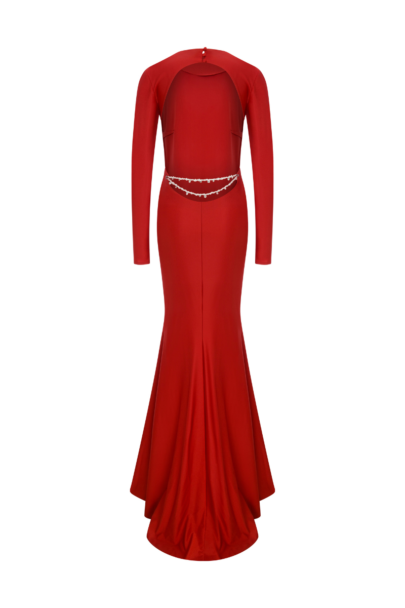 BACKLESS MAXI JERSEY DRESS WITH BEAD DETAILS - CULT MIA