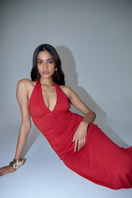 Summer Away Garda Maxi Dress in cherry, flowing sleeveless maxi dress with vibrant red cherry pattern and lightweight fabric.