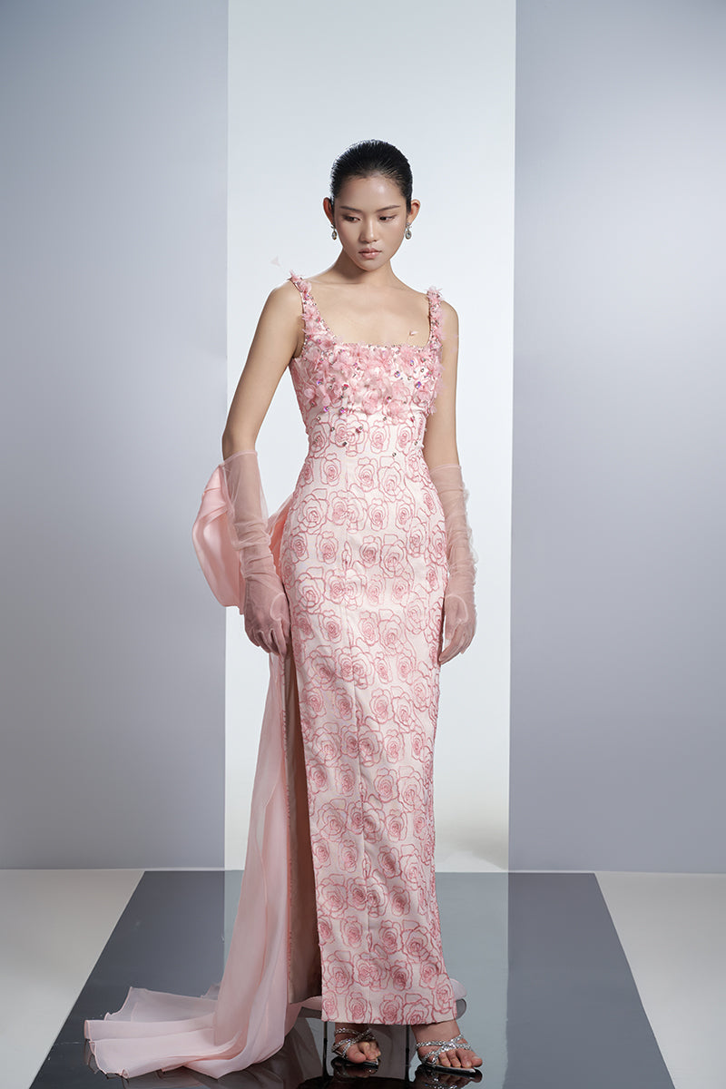 PINK ROSES ORGANZA MAXI DRESS WITH GLOVES IN PINK - CULT MIA