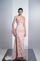 Pink roses organza gown with matching pink gloves, elegant evening dress by Happy Clothing featuring floral details and sheer fabric.